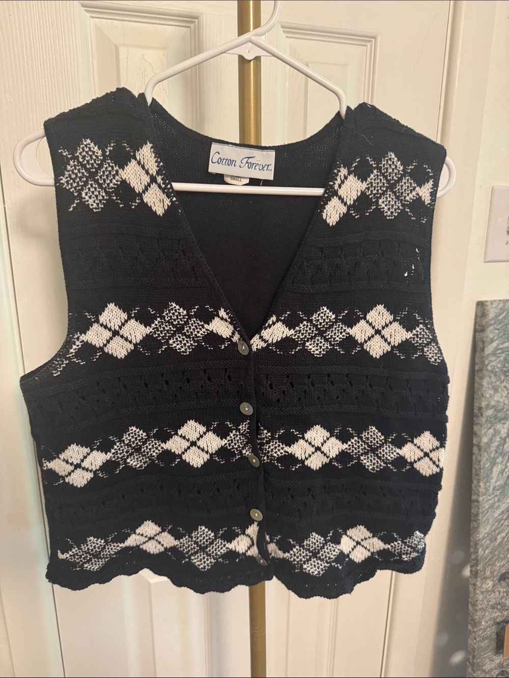 Vintage Cotton Forever Black & White Argyle Knit Vest - Small